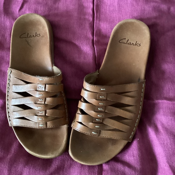 Clarks Artisan Collection Brown Leather Espadrille Slide Sandals size 8 - Picture 2 of 5